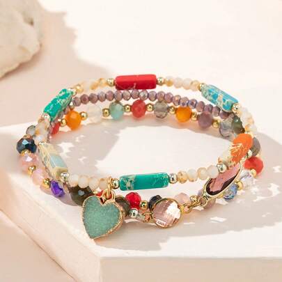 3 件心形吊坠水晶串珠手链情人节、妈妈、母亲、母亲节、礼物