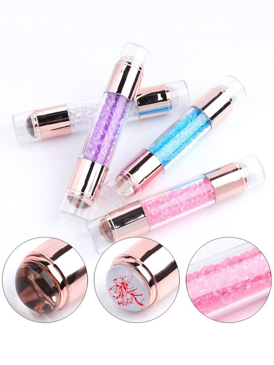 3件套亚克力彩色钻石双头硅胶美甲模板印章转印笔美甲工具，双头硅胶美甲印章带水钻装饰 - 不含甲醛，适用于DIY美甲和足部修复、电镀，透明乳白色，印章工具使用透明硅胶印章和刮刀，实现快速简便的美甲方法 - 彩色 - 查看 1