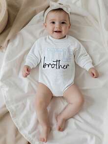 Baby Fall Romper Letter Embroidery Long Sleeve Round Neck Jumpsuit Brother and Sister Matching Outfits - Azul - Ver 5
