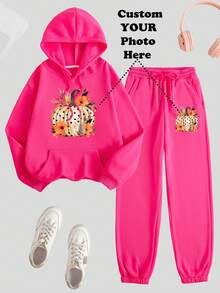 Autumn And Winter Plush 2 Pieces Set Customization, Sports Hooded Sweatshirt, Sweatpants, Personalized Customization, Add Your Own Image (Badge Design/Company Logo/Family Photo/Selfie) - Hot Pink - View 3