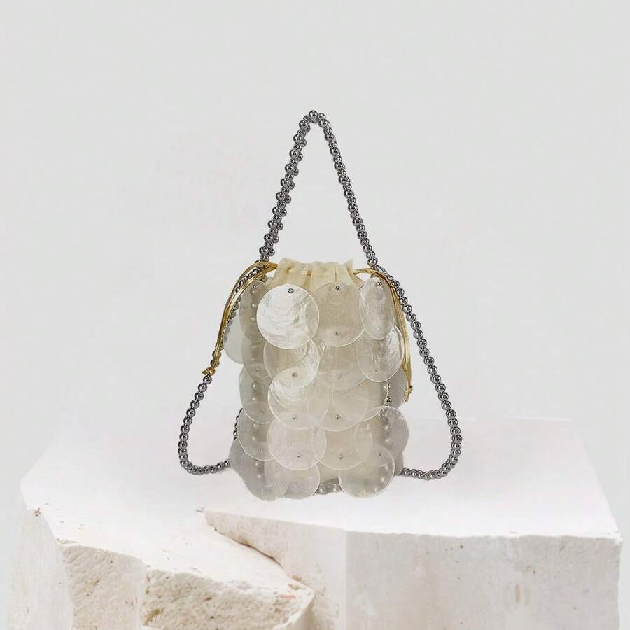 Women Fashion Shell Woven Handbag Chic Shell Beach Bag Beaded Chain Bag For Summer Travel Beach Party - 白色-a - 查看 1
