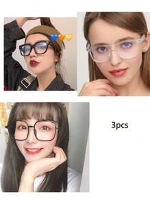 1 Stück/3 Stücke modische eckige Brillen für Damen und Herren, passend zum Outfit, zum Arbeiten am Computer, Smartphone und Fernsehen, stilvoller Campus-Stil, transparenter schwarzer Rahmen, dekoratives Design