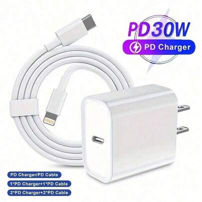 Kit de cargador de 30W - Adaptador de carga rápida de 30W + Cable de carga rápida y sincronización de alta eficiencia de 6.6ft/200cm compatible con iPhone 14/13/12/11 Pro/Plus/XS/XR/8/7/9, Juego de cargador de pared para iPad Series adecuado para viajes, oficina, dormitorio y hogar