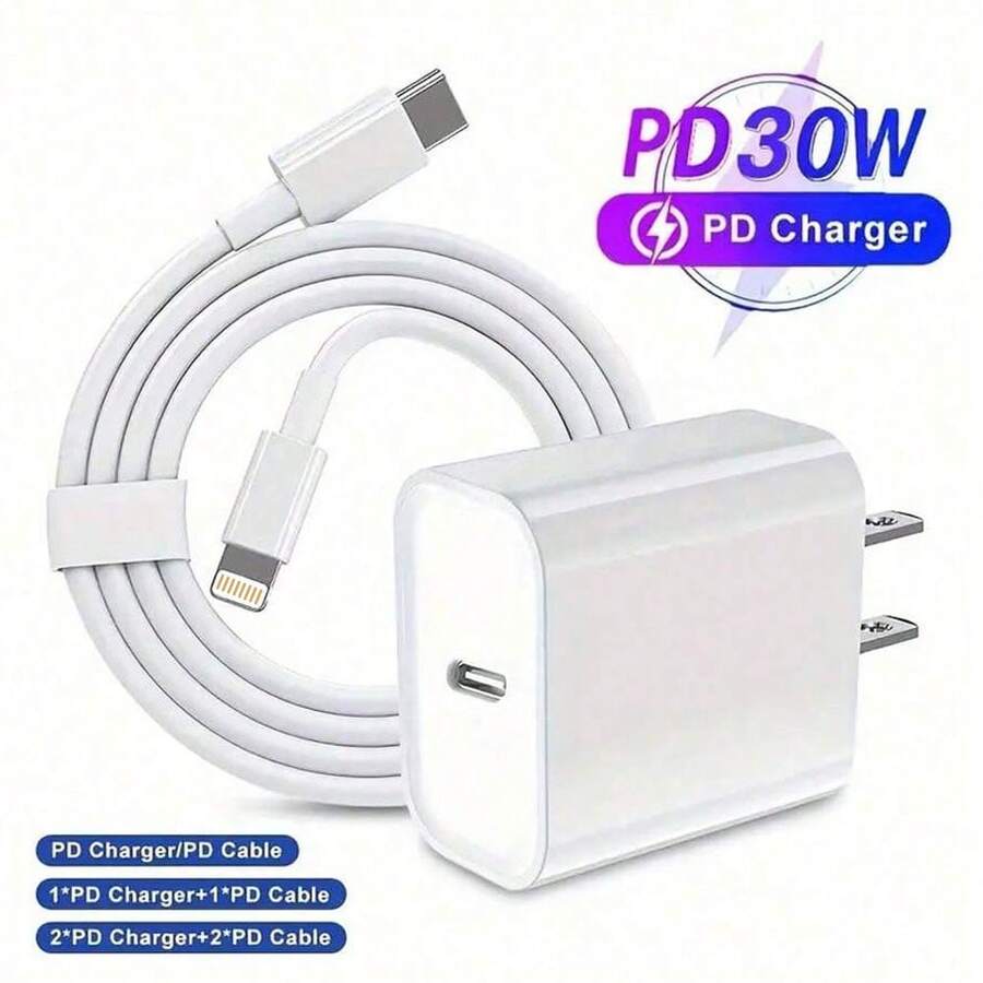 30W充电器套装，包含30W快充适配器和200厘米高效数据同步快充线，兼容 14/13/12/11 Pro Plus/XS/XR/8/7/9系列墙充套装 - 美規A型插(110-127V) - 查看 1