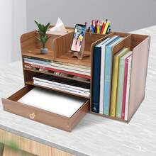 Desk Organizer With Adjustable File Holder, Mail Organizer Worktop With Drawer, 4-Tier Desktop Organization And Desk Accessories For Home Office School Supplies, Wooden File Folder - 櫻桃木色 - 查看 7