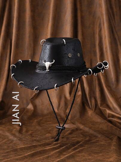 1pc Unisex Solid Color PU Leather Cowboy Hat, Unique 3D Metal Bull Decor Sun Protection Wide Brim Hat, New Vintage Cyberpunk Style Fashion Punk Adjustable Strap, Suitable For Parties, Western Themed Events, Cosplay, Graduation, Masquerade