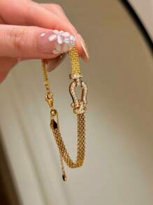 1pc Stainless Steel Milanese Horseshoe Clasp Woven Bracelet, Gold Plated Hollow Strap, Fashion Minimalist Versatile Design - Horseshoe Watch Strap Bracelet - View 5