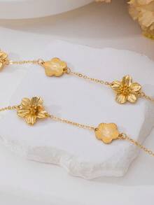 1pc Elegant Luxury Textured Gold Lucky Clover & Daisy Pendant Necklace, Fashion Sweater Chain For Women