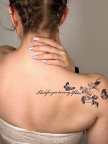 1 pieza Tatuaje temporal artístico de rosa, mariposa y letra inglesa inspiradora para la clavícula, romántico, a prueba de agua, a prueba de sudor, no reflectante, apto para uso diario de las personas. Duración de 7 a 14 días - Negro - Ver 5