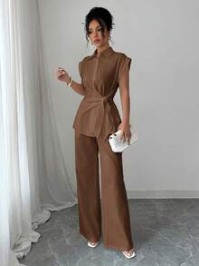 Bộ đồ hè dành cho nữ của LilyHouse, áo không tay thắt eo phối cùng quần ống đứng thoải mái, phù hợp cho đi làm hàng ngày/công sở/văn phòng, trang phục ngày Valentine, trang phục mùa xuân. - màu nâu - Xem 5