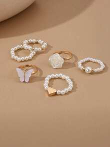 6pcs/Set Girls Butterfly, Pearl, Flower, Heart Shaped Ring Set - Multicolor - View 1