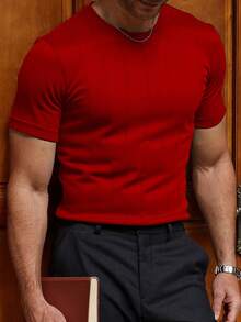 ALTZTAR Men's Thin Solid Color Short Sleeve Knit Vertical Striped Crew Neck Top - Red - View 6
