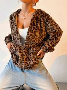 Leopard Print Fluffy Hooded Cardigan, Zip-Up Warm Women Jacket With Pockets, Autumn/Winter - Khaki - View 6