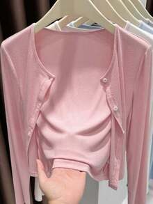 1 件女式不对称纽扣针织开衫，长袖轻质披肩领外套，黑色/白色/灰色/粉色 - 羅紋披肩 - 查看 7