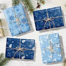 12pcs Christmas Gift Wrapping Paper - Navy Blue With White Reindeer & Snowflake Pattern, High-Quality Holiday Wrapping Paper, Suitable For Party Decoration And Gift Box Packaging, Thick Material, Ideal For Crafters Christmas Christmas Decorations Christmas Pajamas Christmas Gifts Christmas Decor