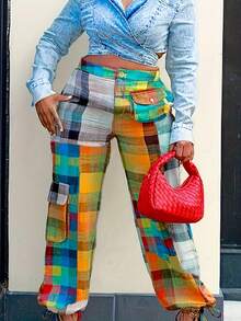 Street Color Contrast Bandage Patchwork Pockets Button Zipper Loose High Waist Wide Leg Patchwork Pants - màu sắc - Xem 1