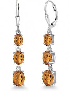Gem Stone King 3-Stone Leverback Drop Dangle Earrings Women |   925 Sterling Silver |   Gemstone Birthstone |   Oval 8X6MM 7X5MM And 6X4MM |   Fine Jewelry Gifts Her Mom Women Wife - 黃水晶木 - 查看 1