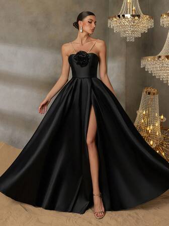 Faeriesty 风格优雅奢华立体花朵露背开叉大腿缎面舞会礼服 - 露背系带设计，适合婚礼、庆典和戛纳派对、舞会、红毯活动和高端宴会、颁奖典礼