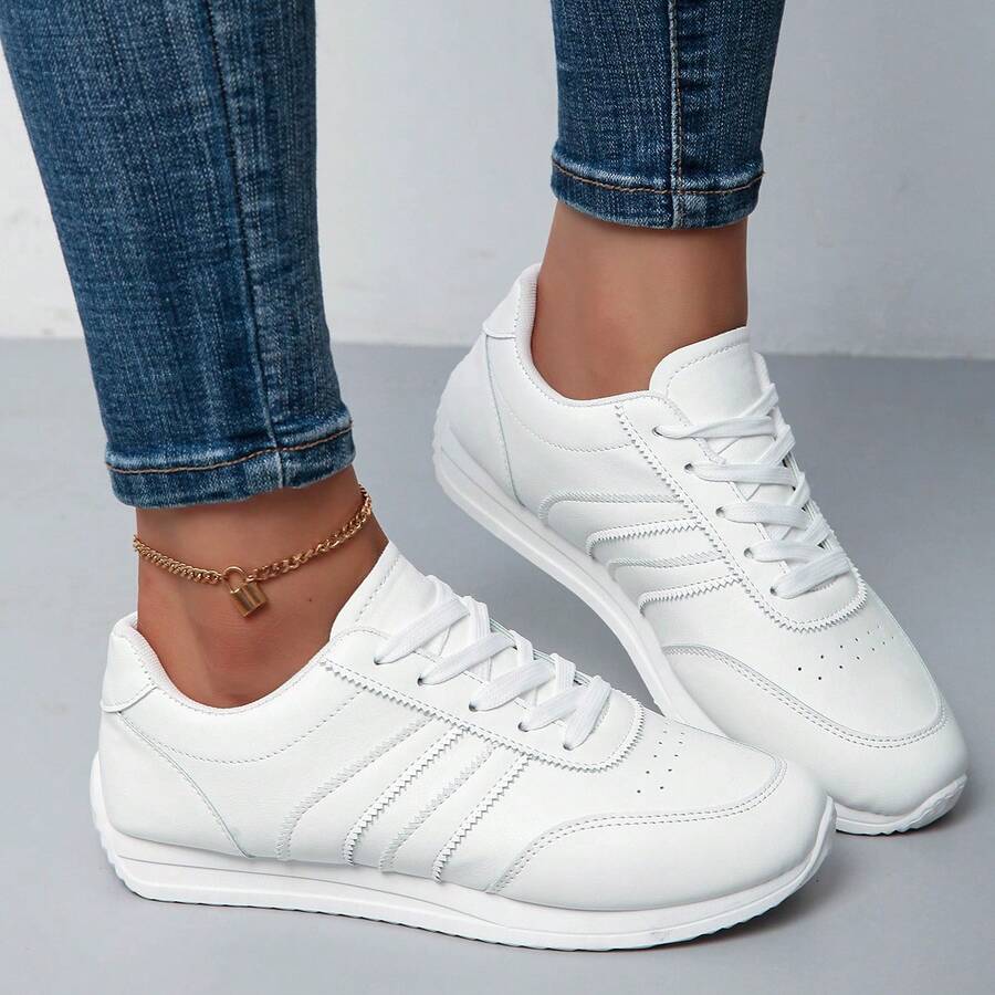 New Women's Casual Sports Shoes, Lace Up Design, Lightweight Flat Sports Shoes, Breathable Fabric Lining, Low Cut Running Shoes, Comfortable Walking Shoes, Plus Size Elegant Sports Women's Shoes - trắng - Xem 1