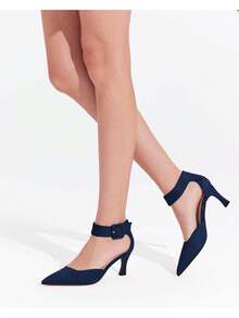 Women's Kitten Heel Pointed Toe Ankle Buckle Strap Suede Pumps Dress Wedding Shoes - 藏蓝色 - 查看 2