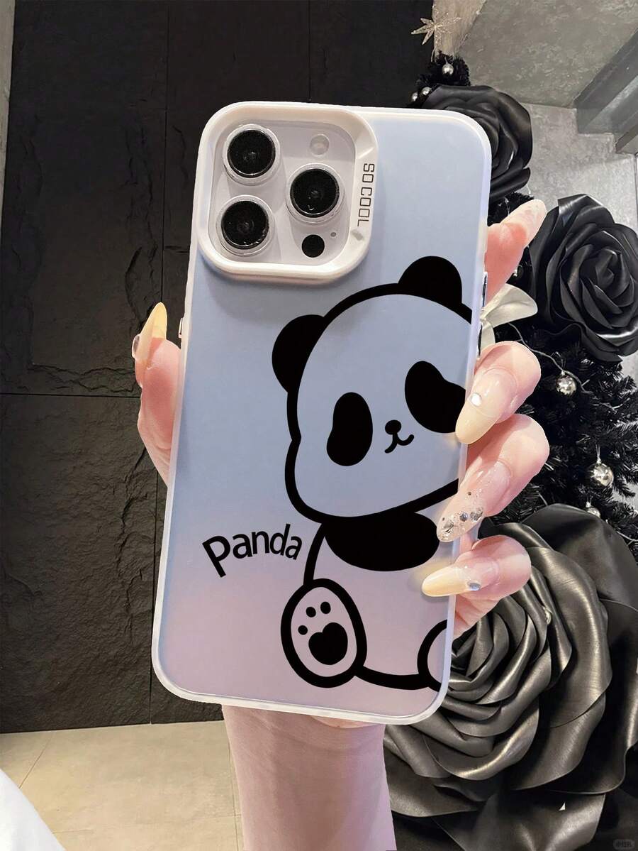 Compatible With IPhone 16, 15, 14, 13, 12, 11 Pro Max//Redmi/OPPO/Infinix Series, 1pc Fashionable Panda Pattern Shockproof, Anti-Fingerprint, Anti-Drop Metallic Button 3-In-1 IMD Phone Case, Silver Color - Silver - View 1