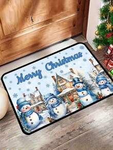 1/16Pcs 40*60cm Christmas Door Mat Decorative Floor Mat, Merry Christmas Blue Snowman Pattern With Christmas Light House Pattern, Suitable For Indoor Living Room, Kitchen, Hallway Entrance, Christmas Home Decor Fabric - Multicolor - View 2