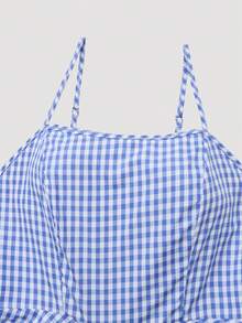 Women's Sleeveless Plaid Print Waist Flare Dress With Knit Cardigan, Bohemian Print Outfit For Date - Blue and White - View 6