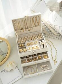 1pc Large Multi-Tier Jewelry Box With Lock, Double Drawer Jewelry Organizer, Multi-Functional Storage Box For Necklace, Rings, Earrings, Watches