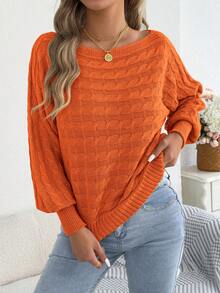Casual Basic Wide Neckline Cable Knit Long Sleeve Pullover Sweater, Autumn/Winter - Orange - View 1