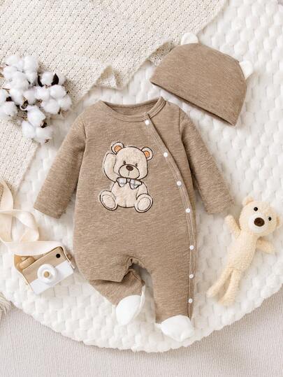 Newborn Baby Bear Print Long Sleeve Contrast Color Snap Front Footed Jumpsuit, Comfortable Daily Wear For Baby Boys
