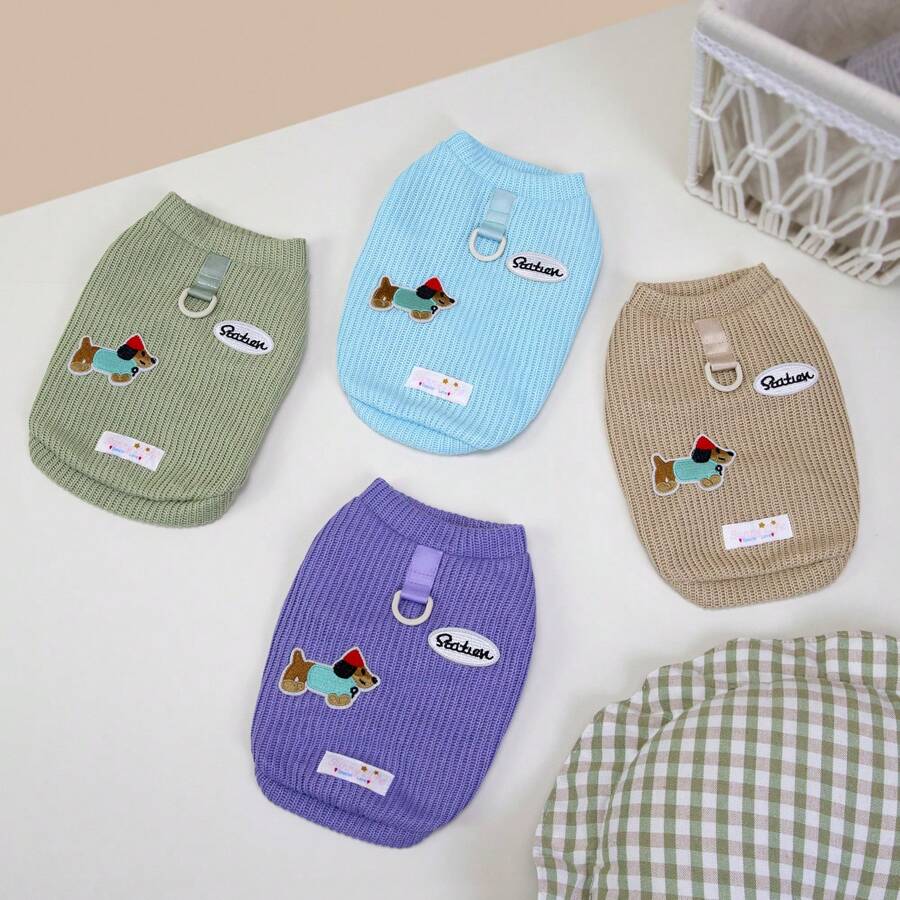 25pcs Korean Style Pet Sweaters, Dog Clothes, Animal Vest, Thermal Lined Knitwear, Cat Apparel, Dog Outfits, Cartoon Animal Casual Wear, Plush Pet Clothes, New Autumn/Winter Collection, Cartoon Embroidered Leg Wear, Casual Wear, Leash Buckle Fleece Jacket, New Autumn/Winter, Cat Autumn Clothes - Khaki - View 1