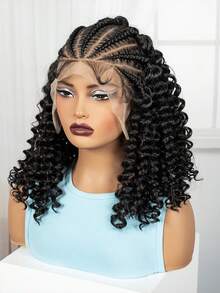 1pc 16 Inch Women's Short Braid Wig Black 13*6 Front Lace Short Braid Synthetic Fiber Wig, Breathable, Comfortable And Stylish Basic, With Heat-Resistant Fiber Daily Wear