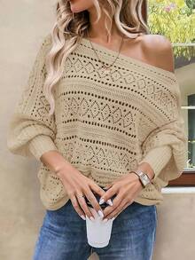Womens Off Shoulder Sweaters Fall 2025 Oversized Knit Batwing Long Sleeve Crochet Pullover Sweater Tops - Màu Khaki - Xem 3