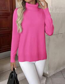 Women's Turtleneck Sweater Long Sleeve Spilt Hem Casual Knit Pullover Chunky Fall Winter Jumper Top 2025 - Màu Hồng Tươi - Xem 3