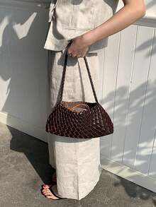 2026 Nuevo bolso tejido a mano de color café estilo vacacional, bolso de hombro, bolso de debajo del brazo, bolso madre-hijo, bolso de negocios para mujer de moda casual, adecuado para trabajo, compras, citas, viajes, estudiantes universitarios, uso diario (excluyendo accesorios)