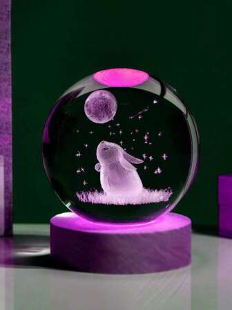1pc Animal Crystal Ball Night Light Home Decor, Laser 3D Carved Cat Rabbit Jellyfish With RGB Color-Changing, Solid Wood Base Glass Orb Lamp - Collector's Display Piece