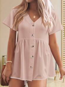 Womens Short Sleeve V Neck Babydoll Peplum Blouse Button Down Loose Casual Top - Hồng - Xem 2