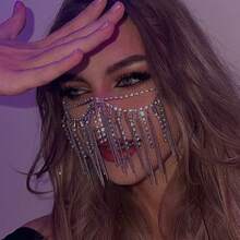 1pc Exaggerated Rhinestone Black Tassel Mask, Mysterious Face Decor Hair Accessory For Women, Party/Masquerade - Black - View 4