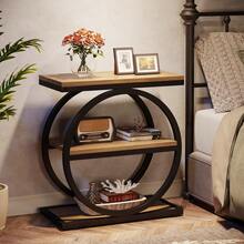 3-Tier End Table, Side Table With Storage Shelves, Small Sofa Side Table For Living Room, Wooden Side End Table With Double Round Metal Legs, Slim Nightstand And Bedside Table, Light Brown And Black - 淺棕色和黑色 - 查看 8