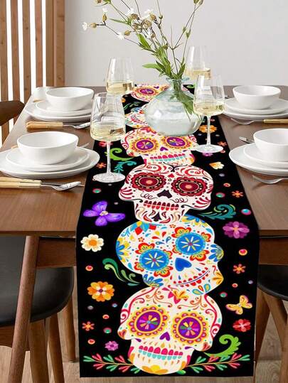 1件彩色糖骷髅桌旗 - 亡灵节设计，节日餐桌装饰及万圣节/墨西哥节日派对装饰，家居装饰，万圣节装饰，房间装饰，圣诞节装饰，家居圣诞礼物，圣诞装饰品