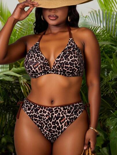 Slaydiva Plus Size Women Leopard Print Swimsuit Set, Casual Vacation