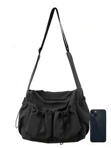 Women's Large Capacity Crossbody Bag, Unisex Multi-Pocket Drawstring Waterproof Nylon Shoulder Bag