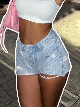 女士休闲纽扣式做旧下摆牛仔短裤