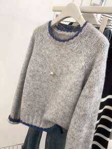 Women's Fashion Pullover Sweater, Grey Knitted Fabric, Long Sleeve Round Neck, Regular Fit, Casual Top For Autumn