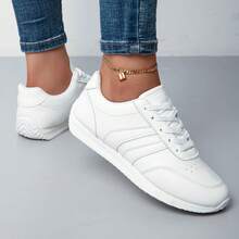 New Women's Casual Sports Shoes, Lace Up Design, Lightweight Flat Sports Shoes, Breathable Fabric Lining, Low Cut Running Shoes, Comfortable Walking Shoes, Plus Size Elegant Sports Women's Shoes - trắng - Xem 4