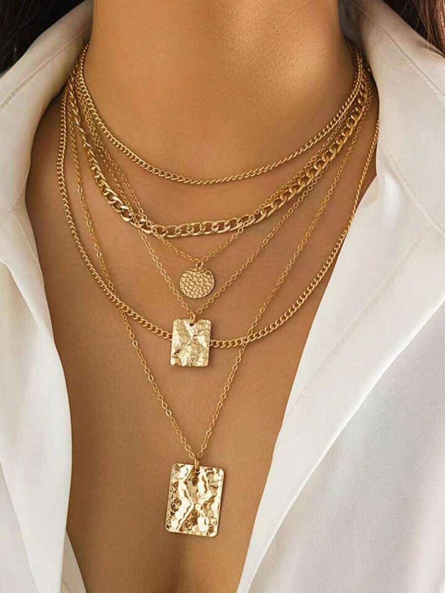 GARMEND 独特的金属链多层项链，别致的蛇皮几何吊坠项链，适合女士 - B - 查看 1