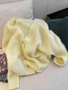 Casual Mohair Solid Color Knit Front Button Hollow Long Sleeve Sweater, Suitable For Everyday And Dates, Spring/Autumn - Light Yellow - View 4