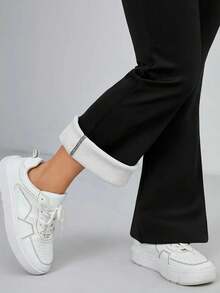 1件装女士秋冬保暖喇叭裤，350克加厚保暖内衬打底裤，高腰显瘦弹力腰阔腿裤，女士冬季保暖紧身裤 - 黑色 - 查看 5