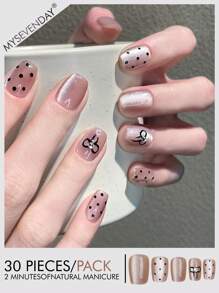 30 Pieces Press On Nails Square/Light Brown Black Polka Dot Bow Print Sparkling Diamond Short Press On Nail Plate/Nail Charms Y2K/Comes With 1 Piece Of Jelly Glue And 1 Rubbing Strip Suitable For Gatherings, Festivals, Halloween, And Daily Use Nail Supplies Nails