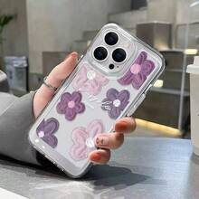 1 pieza Funda de teléfono con pintura al óleo de flor morada compatible con iPhone 17, 15 Pro Max, 14 Plus, 13, 12, 11, XS, XR, X, 7 y Series S21/S22/S23/S24/S25, A71, A51, A55 - Cobertura completa, diseño de moda, elegante, recortes precisos